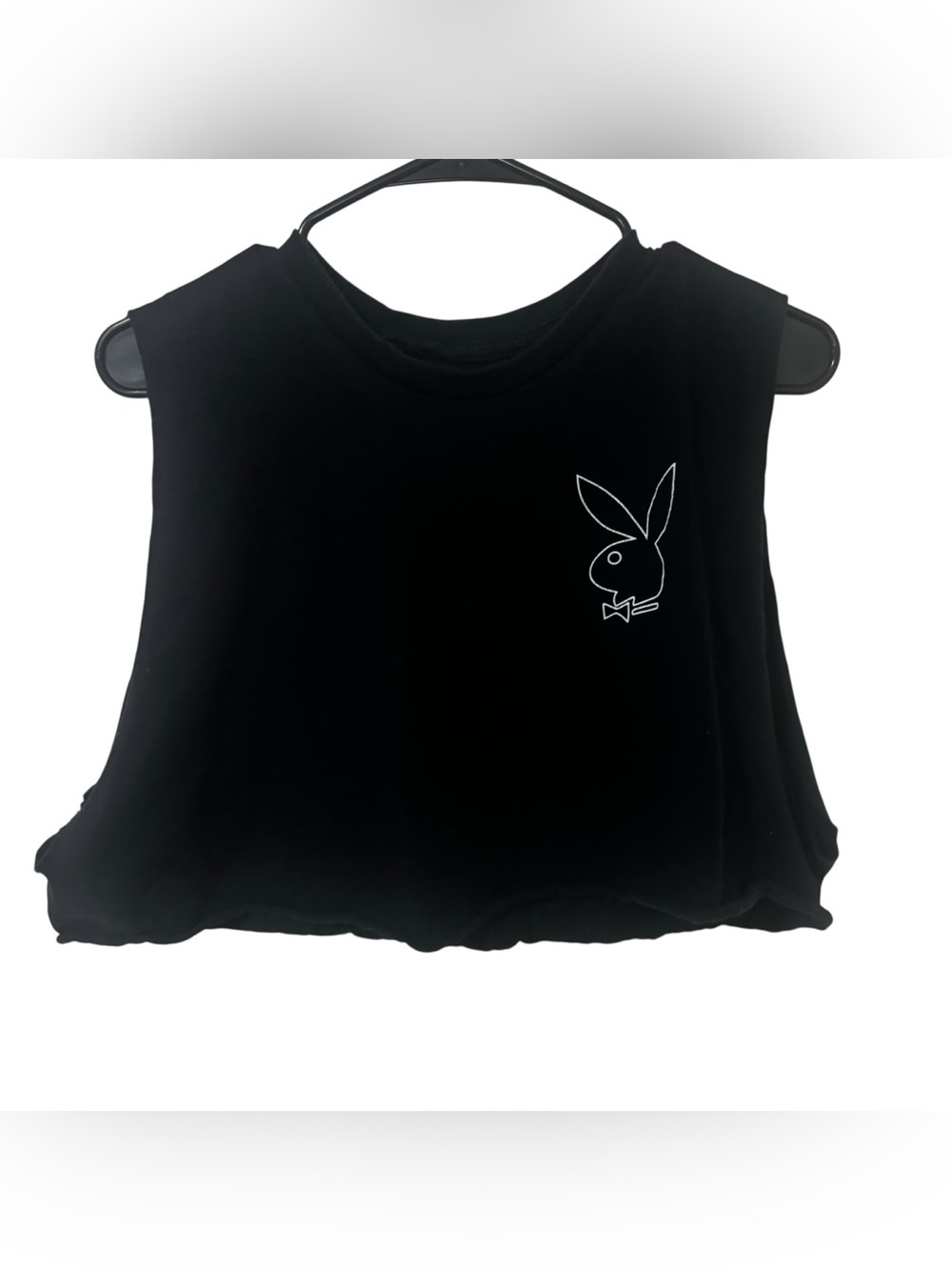 PLAYBOY Black white Graphic Crop Tank distressed hem size XL